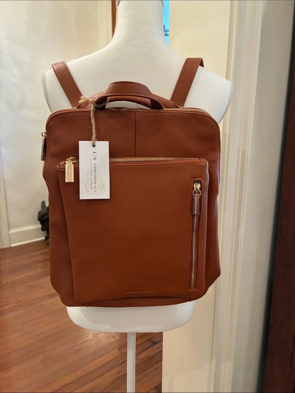 Expressions NYC Cognac Leather Backpack with Gold Hardware